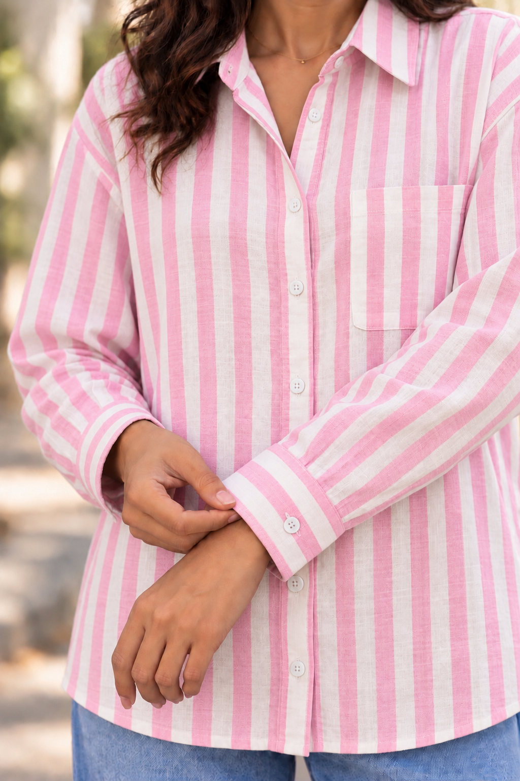 pink and white stripes shirt